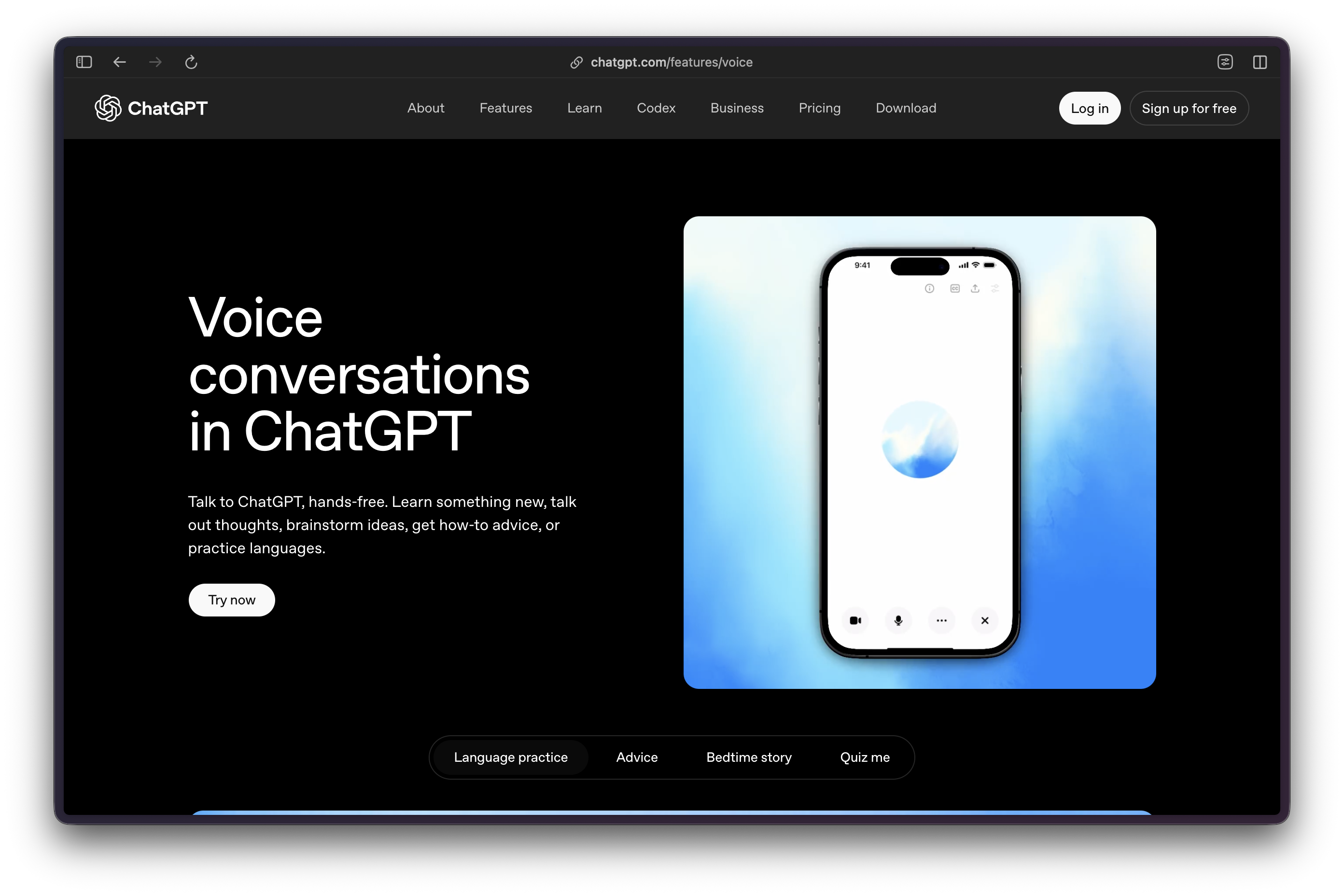 ChatGPT Voice landing page with a phone showing the Voice interface.
