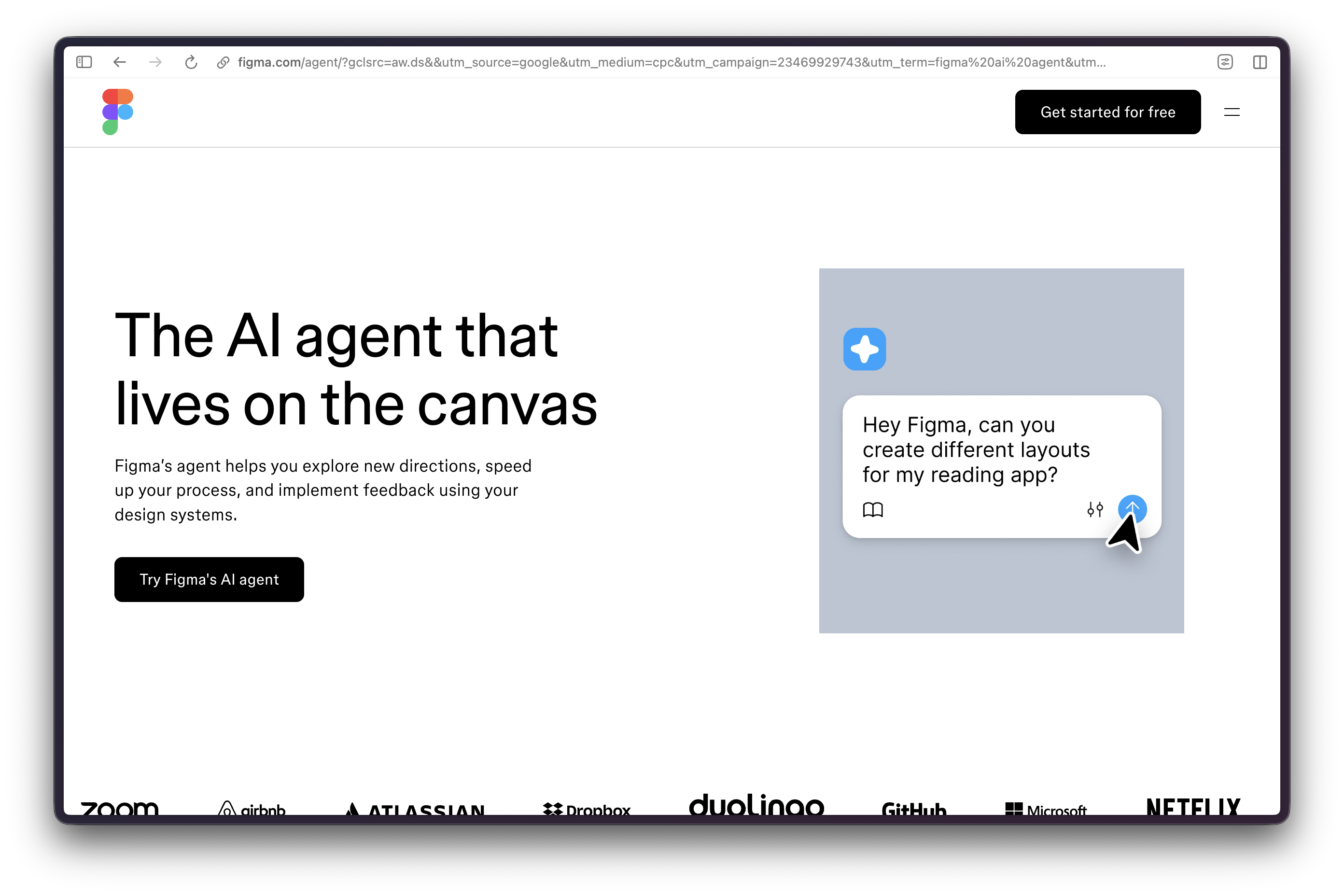 Figma web page promoting its AI agent, with a prompt card for creating reading-app layouts.