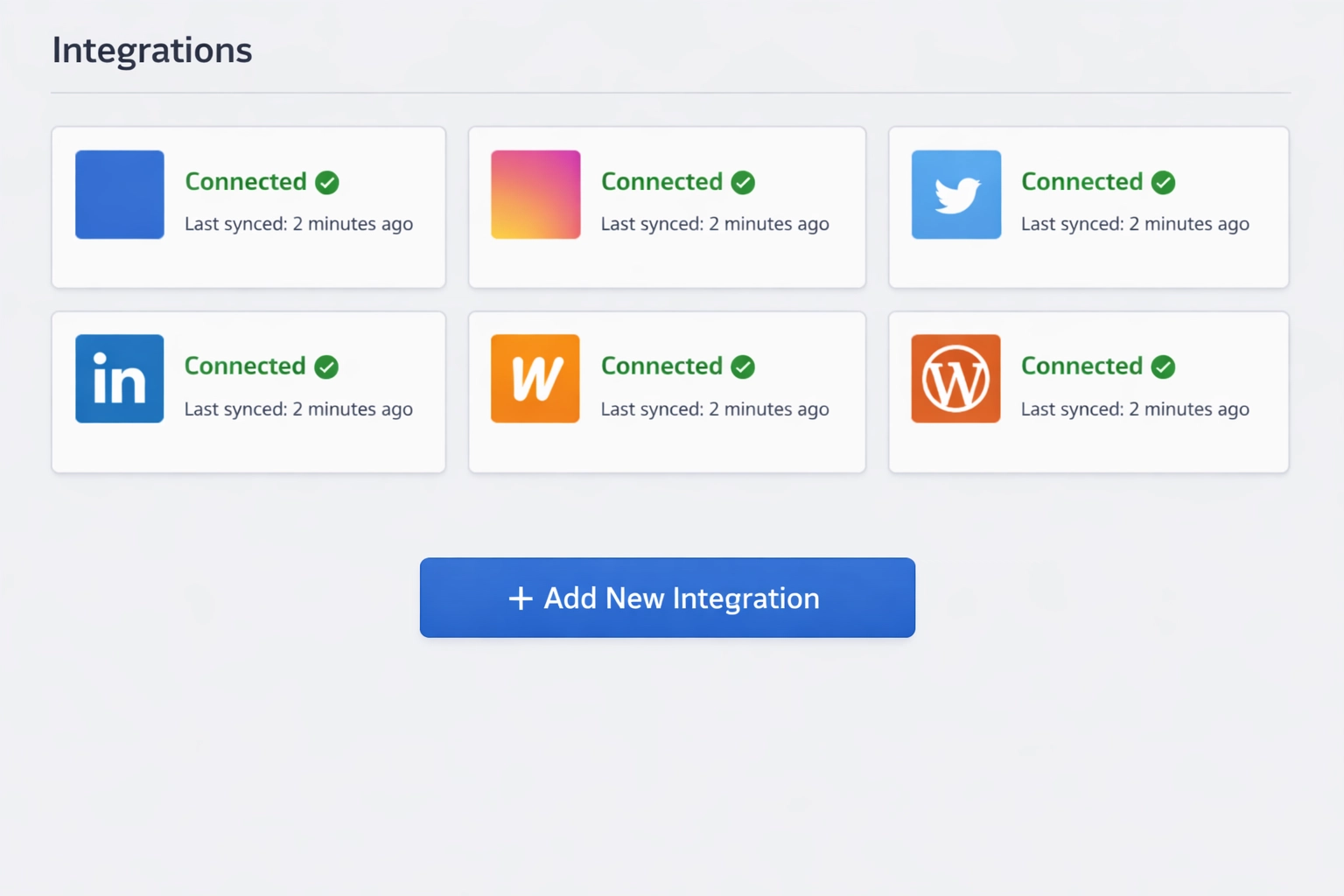 Marblism integrations panel showing connected Gmail, social media, and WordPress accounts