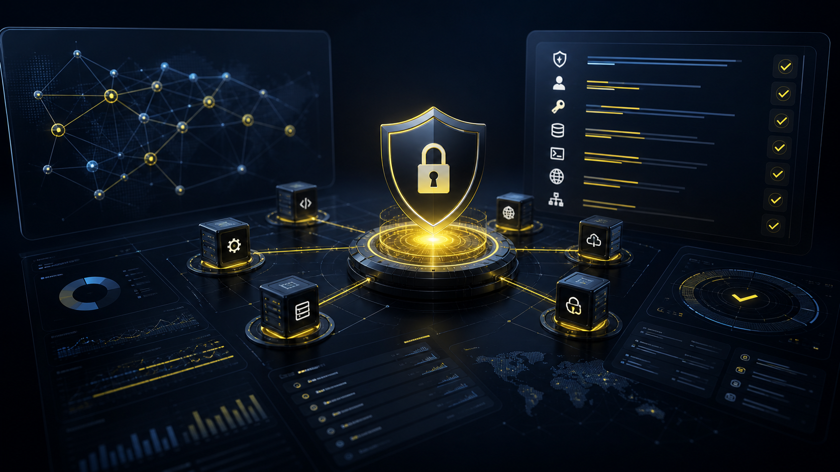 A dark glassmorphism security operations dashboard with connected MCP-style server nodes, permission checks, and a shield lock.